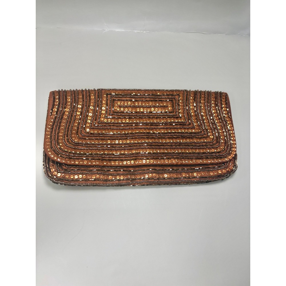 Bronze Beaded Sequin Envelope Clutch Bag Copper Evening Purse Mirror